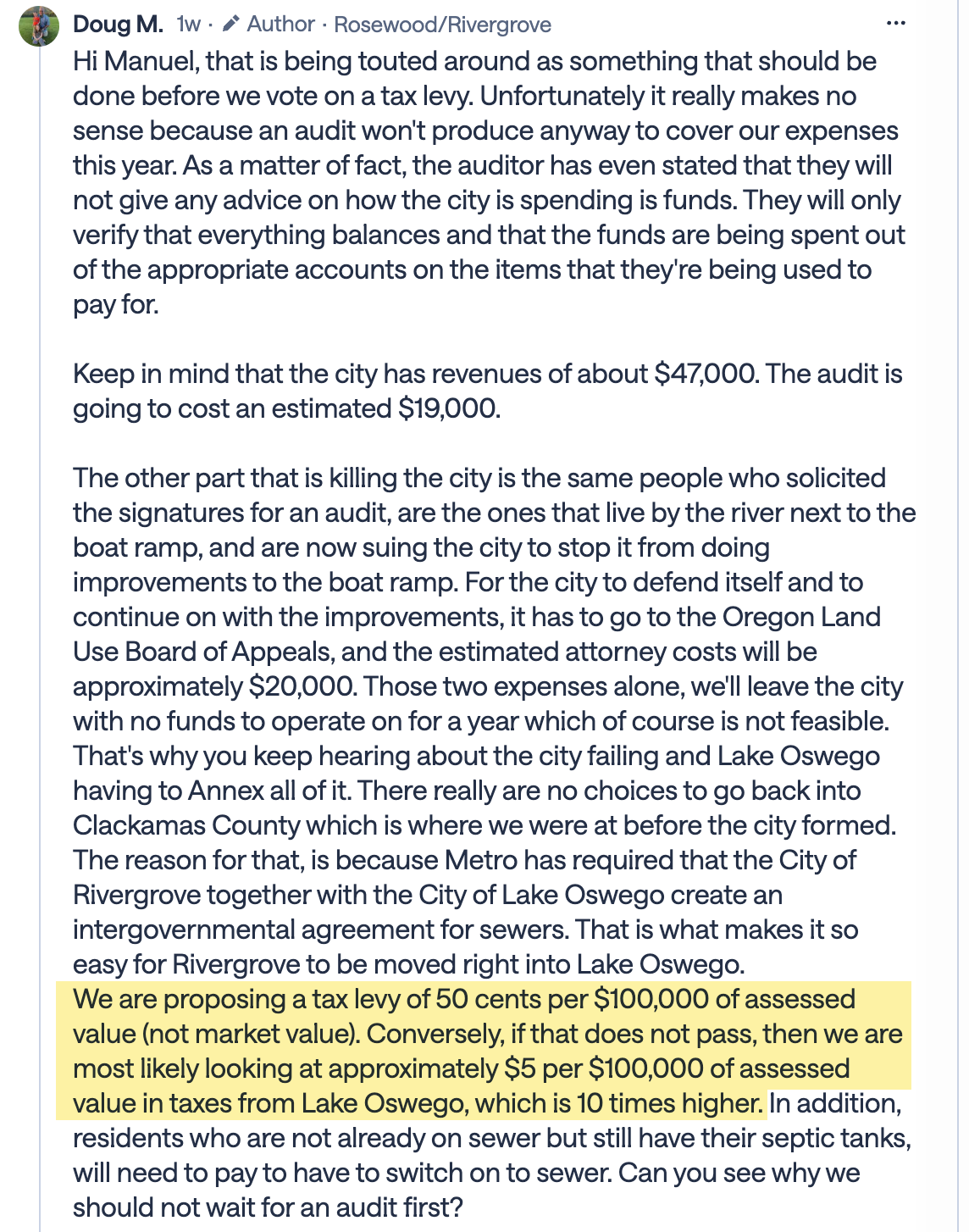 Screenshot of Councilor Doug McLean's Nextdoor reply on the tax levy, Lake Oswego, and audit costs, with the 10x tax claim highlighted.