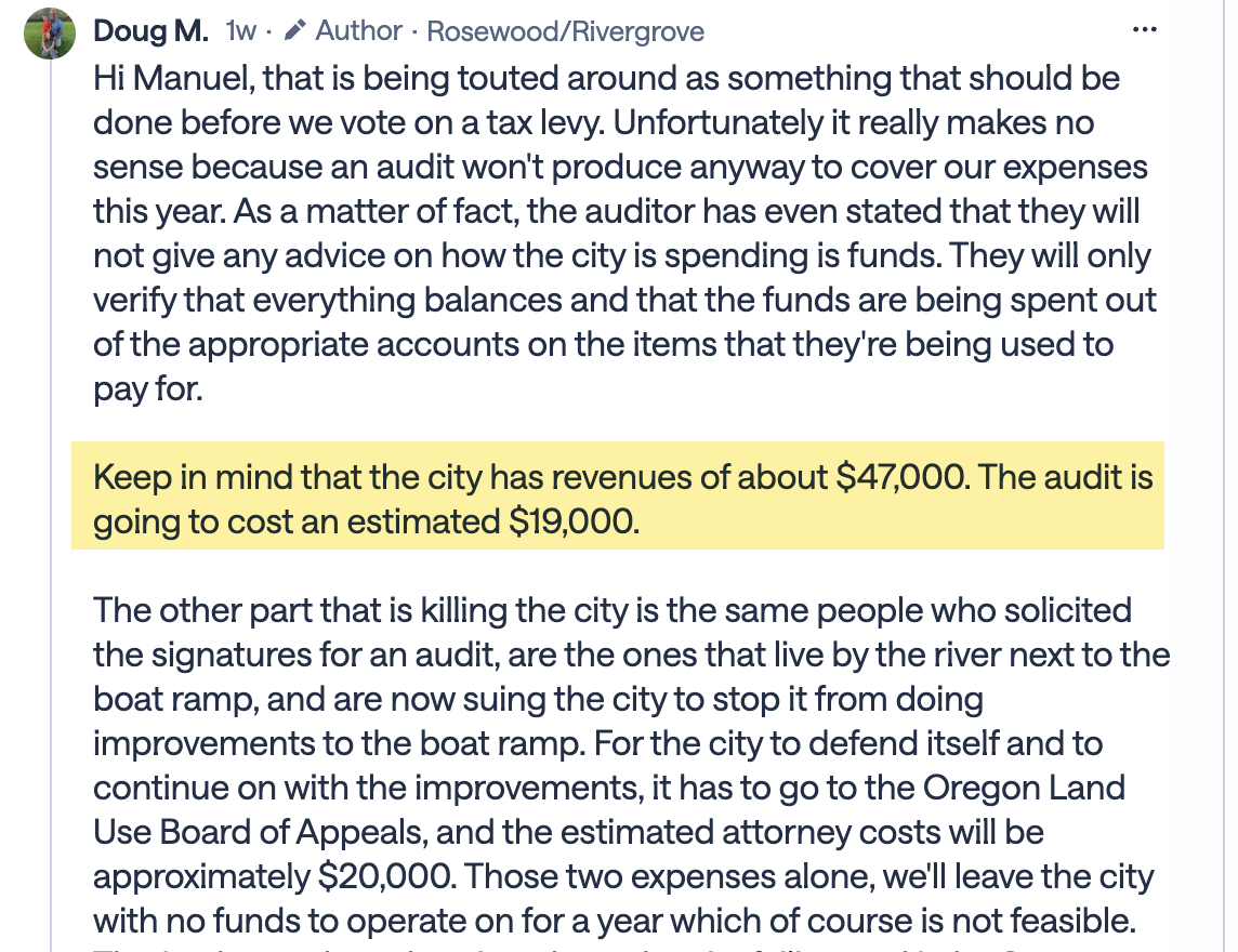 Screenshot of Councilor Doug McLean's Nextdoor reply on audit costs and a boat-ramp appeal.