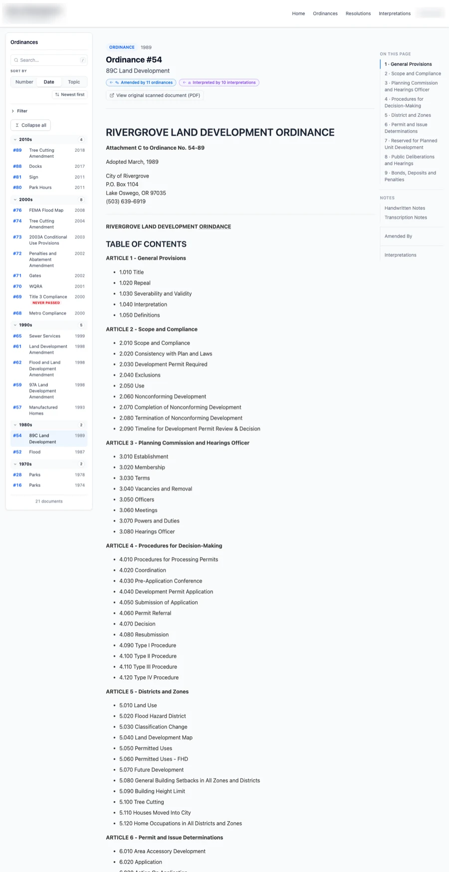 A preview of my Document Repository: a searchable list of ordinances beside a digitized ordinance.